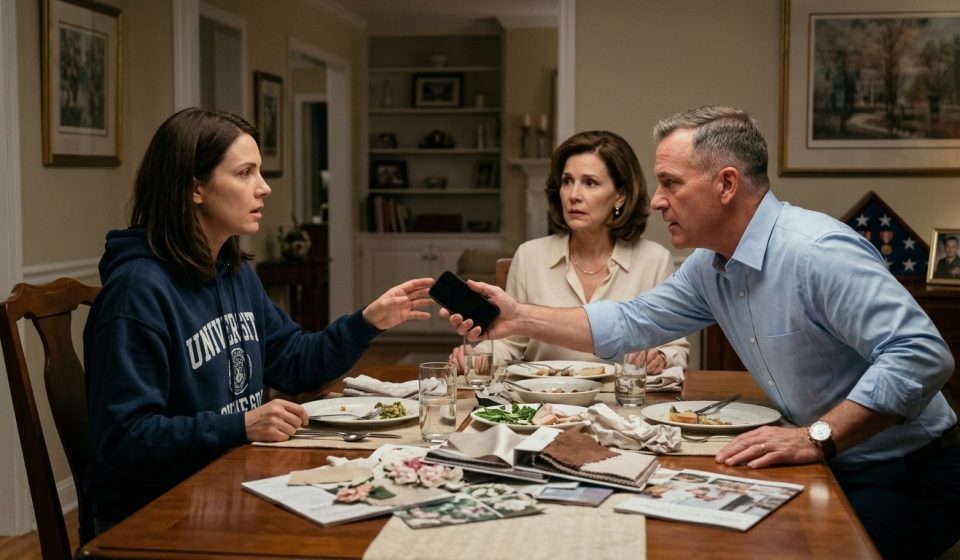 Angry retired military officer snatching a smartphone from his girlfriend's daughter during a tense family dinner.