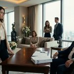 A young woman standing alone before her wealthy family in a luxurious penthouse as her father presents legal documents during a tense family meeting.