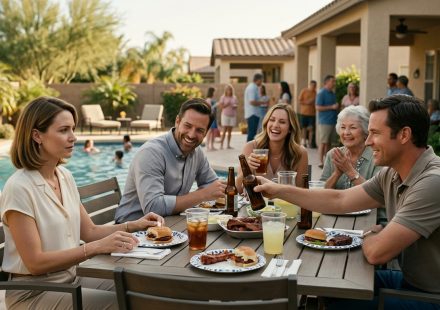 A woman sits silently at a family reunion picnic table while her brother-in-law raises a beer bottle and relatives laugh at his cruel joke.