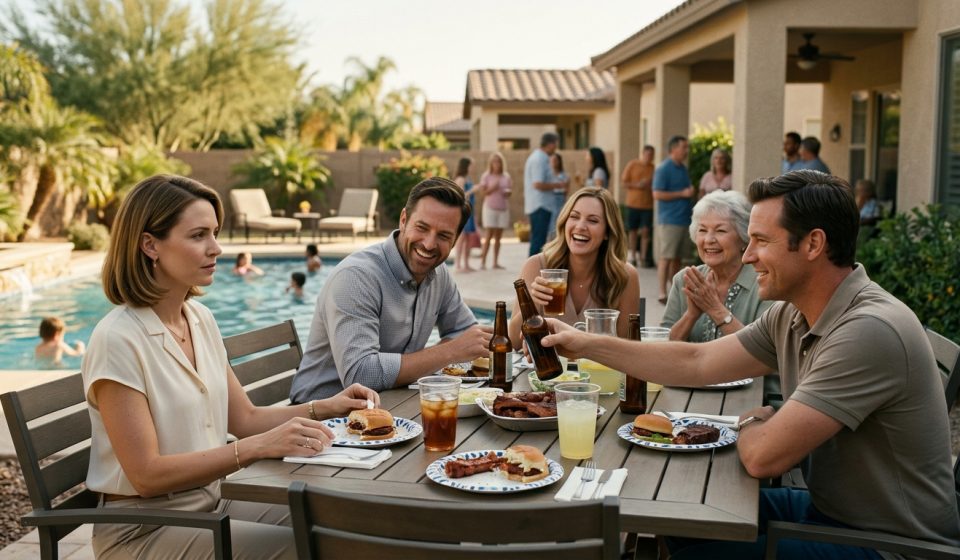 A woman sits silently at a family reunion picnic table while her brother-in-law raises a beer bottle and relatives laugh at his cruel joke.