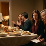 An older uncle secretly passes a white envelope to his niece during Thanksgiving dinner while other family members talk around the table.