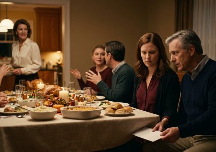 An older uncle secretly passes a white envelope to his niece during Thanksgiving dinner while other family members talk around the table.