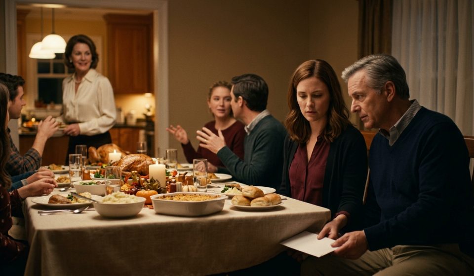 An older uncle secretly passes a white envelope to his niece during Thanksgiving dinner while other family members talk around the table.