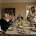 A 34-year-old woman looks uncomfortable during an Easter family dinner as her older sister stands and delivers a toast in front of relatives.