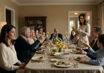 A 34-year-old woman looks uncomfortable during an Easter family dinner as her older sister stands and delivers a toast in front of relatives.