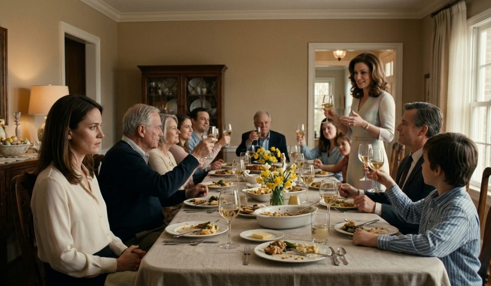 A 34-year-old woman looks uncomfortable during an Easter family dinner as her older sister stands and delivers a toast in front of relatives.