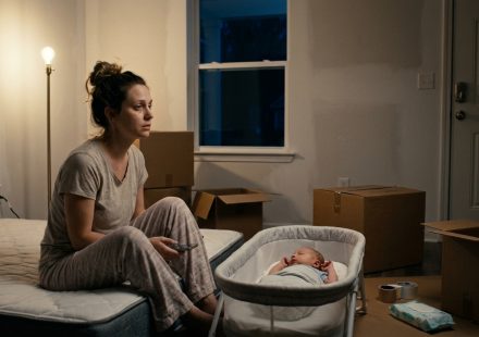 A new mother sits beside her sleeping newborn in her newly purchased home, holding a phone after receiving an unexpected call from her mother.