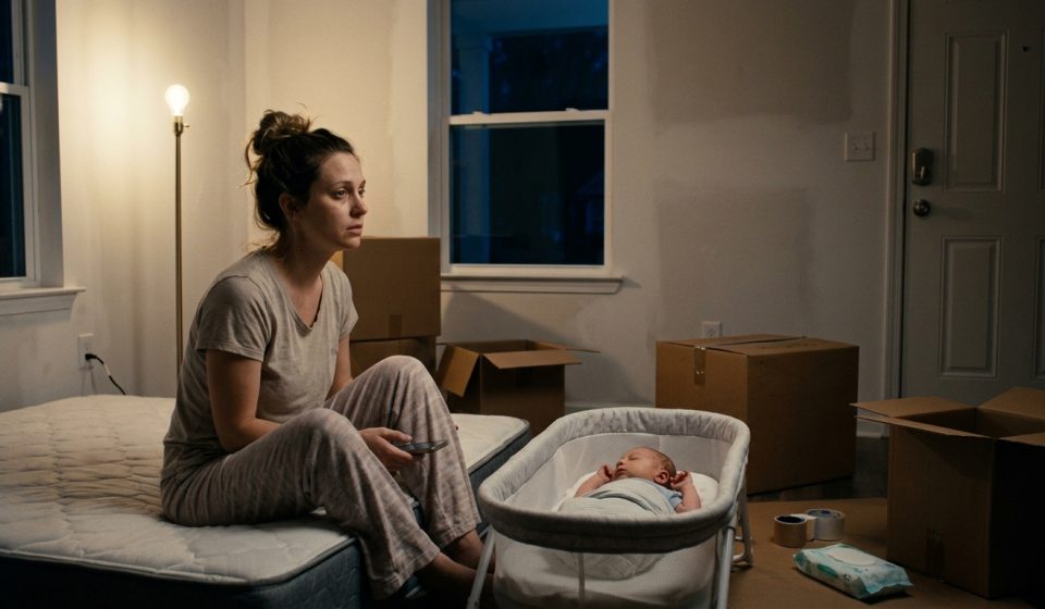 A new mother sits beside her sleeping newborn in her newly purchased home, holding a phone after receiving an unexpected call from her mother.