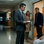 A frightened teenage girl recovering in a hospital watches a detective question her defensive parents in a tense corridor after a nighttime family assault.