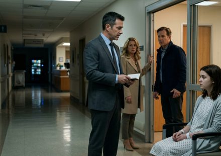 A frightened teenage girl recovering in a hospital watches a detective question her defensive parents in a tense corridor after a nighttime family assault.
