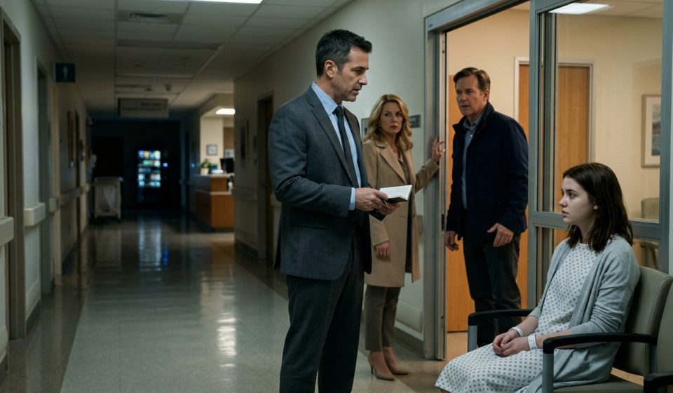 A frightened teenage girl recovering in a hospital watches a detective question her defensive parents in a tense corridor after a nighttime family assault.