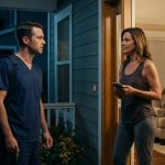An exhausted male doctor in medical scrubs holds his house key while his stepmother blocks the doorway of their family home at night.