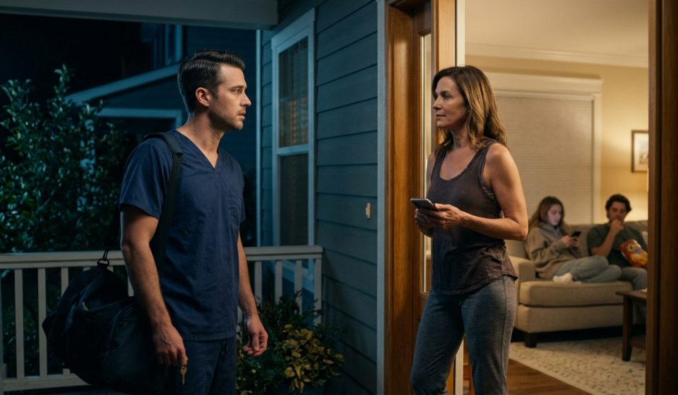 An exhausted male doctor in medical scrubs holds his house key while his stepmother blocks the doorway of their family home at night.