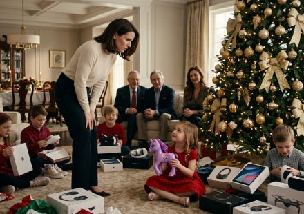 A five-year-old girl in a red Christmas dress holds a damaged purple plastic toy horse beside a decorated tree while other children open expensive gifts.
