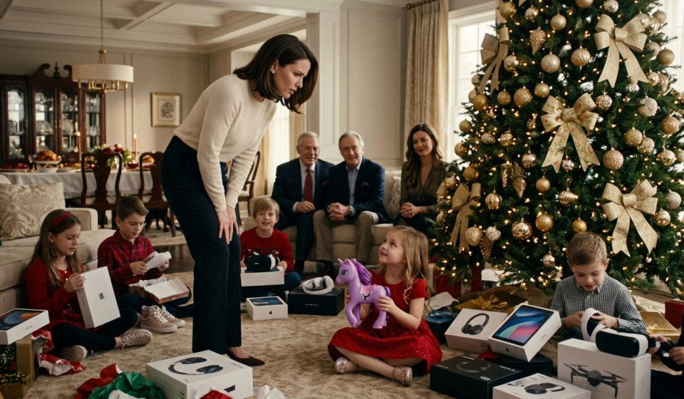 A five-year-old girl in a red Christmas dress holds a damaged purple plastic toy horse beside a decorated tree while other children open expensive gifts.