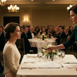 A wealthy mother-in-law presenting a prenuptial agreement to a composed bride-to-be at an elegant rehearsal dinner as shocked guests watch.