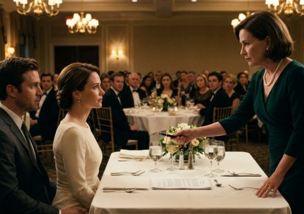A wealthy mother-in-law presenting a prenuptial agreement to a composed bride-to-be at an elegant rehearsal dinner as shocked guests watch.