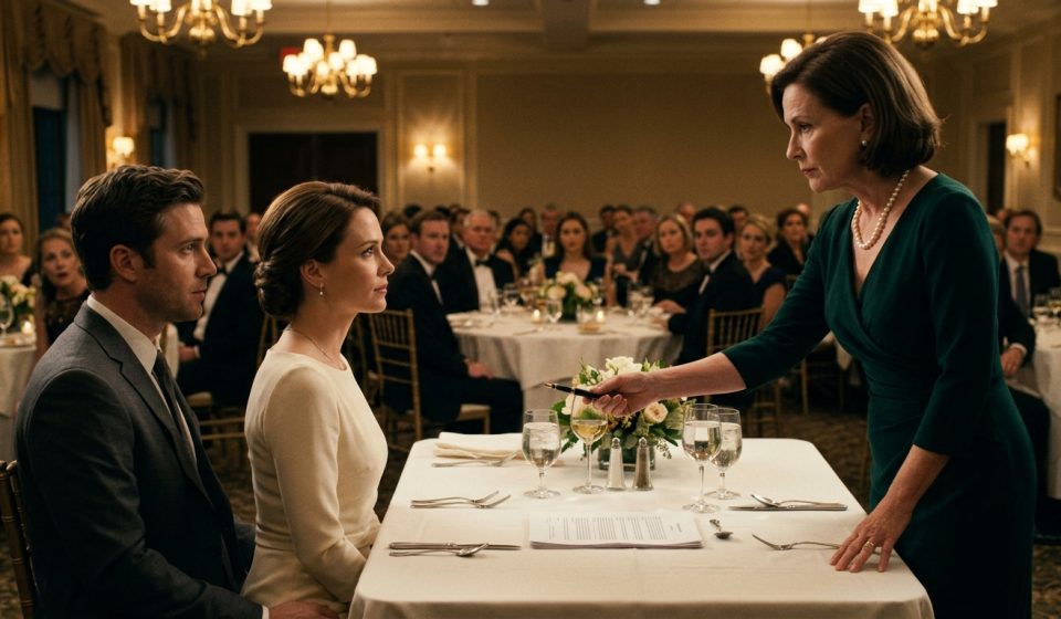 A wealthy mother-in-law presenting a prenuptial agreement to a composed bride-to-be at an elegant rehearsal dinner as shocked guests watch.