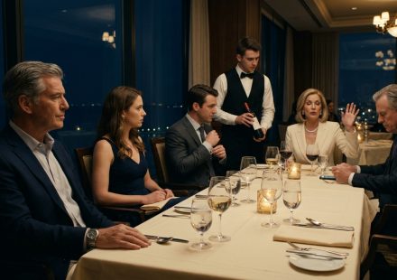 A composed father sits beside his uncomfortable daughter at an elegant restaurant table while her wealthy future in-laws speak dismissively to a waiter.