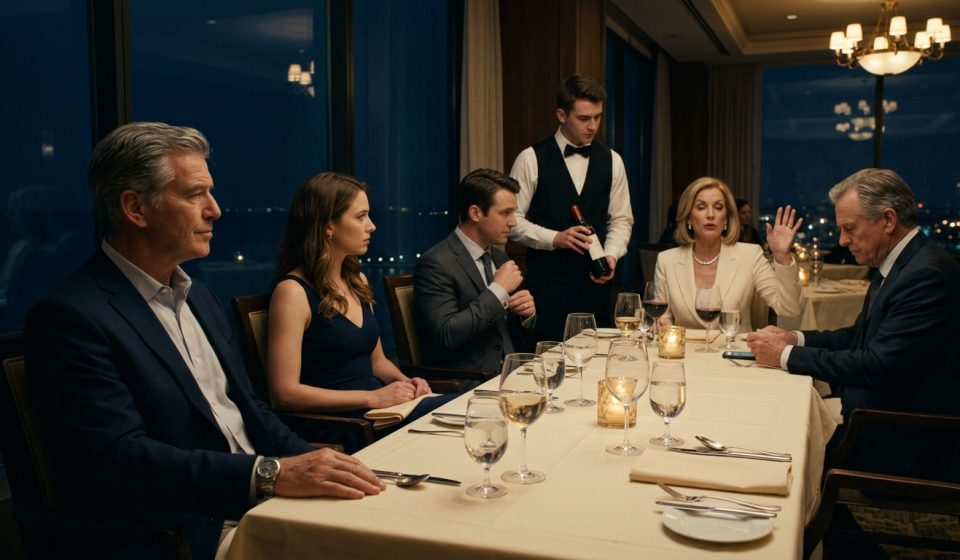 A composed father sits beside his uncomfortable daughter at an elegant restaurant table while her wealthy future in-laws speak dismissively to a waiter.