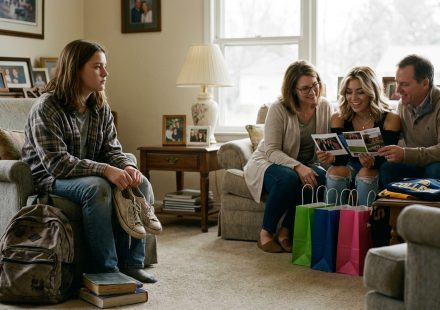 A disappointed teenage girl holding an old flip phone while her family pays attention to her older sister, reflecting how my family laughed while I struggled.