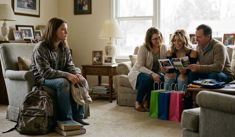 A disappointed teenage girl holding an old flip phone while her family pays attention to her older sister, reflecting how my family laughed while I struggled.