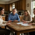 A shocked woman stands beside her family's kitchen table as her sister presents financial statements and their parents confront her over missing retirement savings.