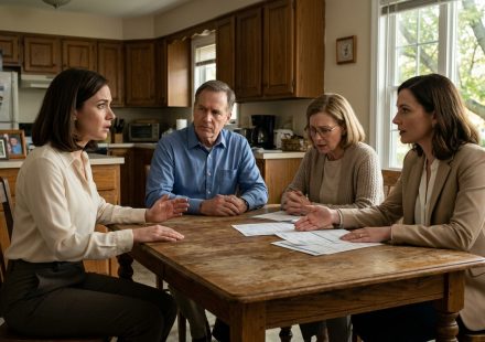 A shocked woman stands beside her family's kitchen table as her sister presents financial statements and their parents confront her over missing retirement savings.