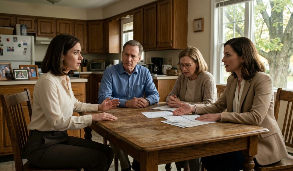 A shocked woman stands beside her family's kitchen table as her sister presents financial statements and their parents confront her over missing retirement savings.
