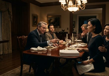 A female systems engineer confronts her powerful uncle across an elegant dining table as he presents a non-compete agreement and her worried parents watch.