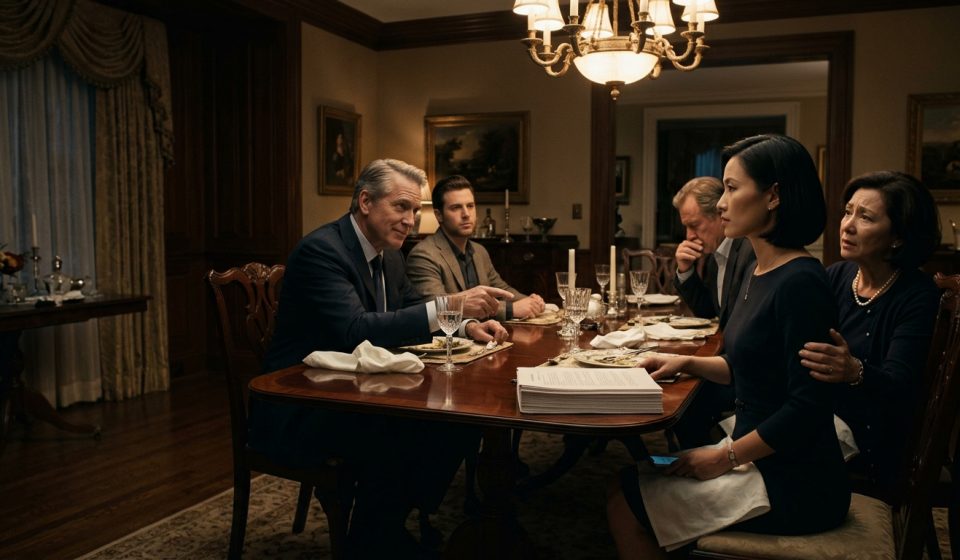 A female systems engineer confronts her powerful uncle across an elegant dining table as he presents a non-compete agreement and her worried parents watch.
