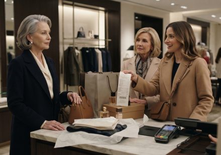 Older woman at a luxury boutique checkout after her daughter-in-law forgot her card