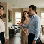 A confident woman stands facing her dismissive brother and his wife inside a comfortable family home while their mother avoids eye contact at the dining table.