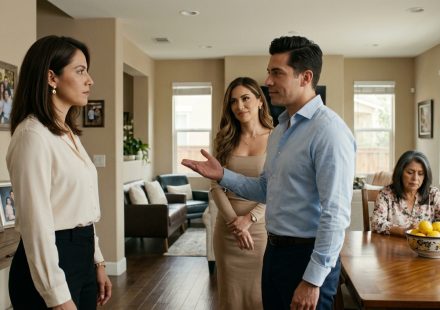 A confident woman stands facing her dismissive brother and his wife inside a comfortable family home while their mother avoids eye contact at the dining table.