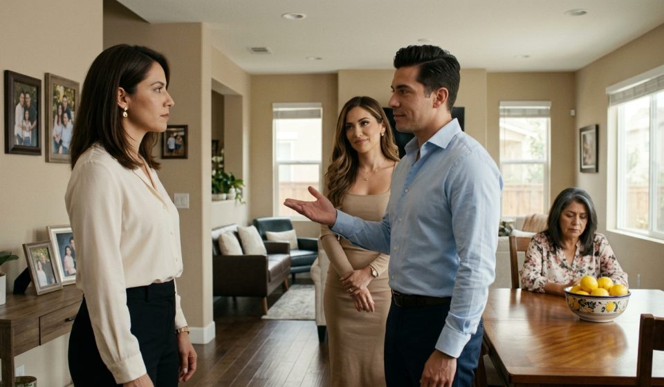 A confident woman stands facing her dismissive brother and his wife inside a comfortable family home while their mother avoids eye contact at the dining table.