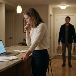 A stunned woman stands in her Boston apartment kitchen, staring at her boyfriend's laptop after discovering a secret email about a $30,000 payment from her mother.