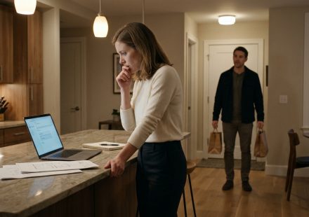 A stunned woman stands in her Boston apartment kitchen, staring at her boyfriend's laptop after discovering a secret email about a $30,000 payment from her mother.