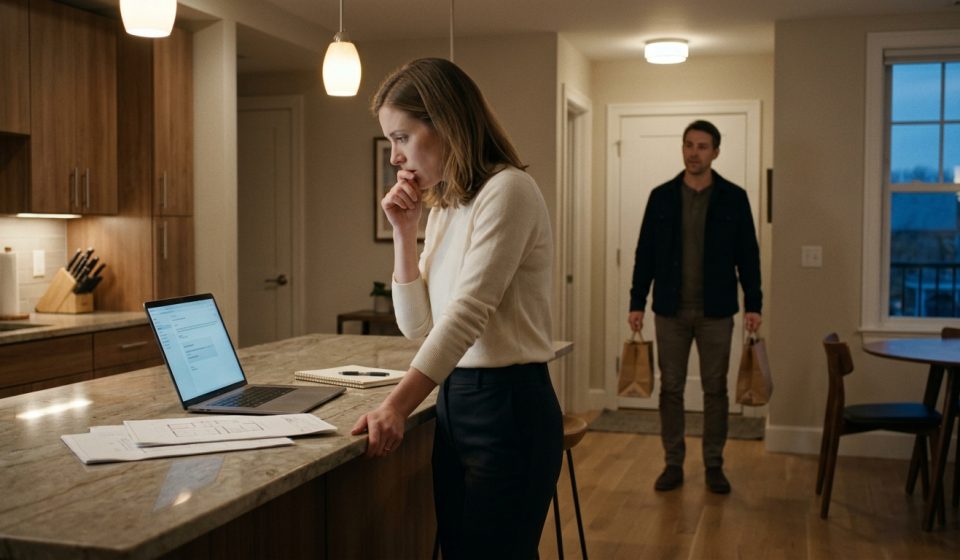 A stunned woman stands in her Boston apartment kitchen, staring at her boyfriend's laptop after discovering a secret email about a $30,000 payment from her mother.