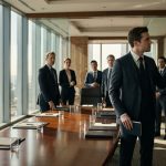 A young corporate executive holding an employee handbook confronts a senior businessman without a tie inside a modern office during a merger signing day.