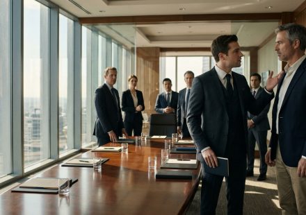A young corporate executive holding an employee handbook confronts a senior businessman without a tie inside a modern office during a merger signing day.