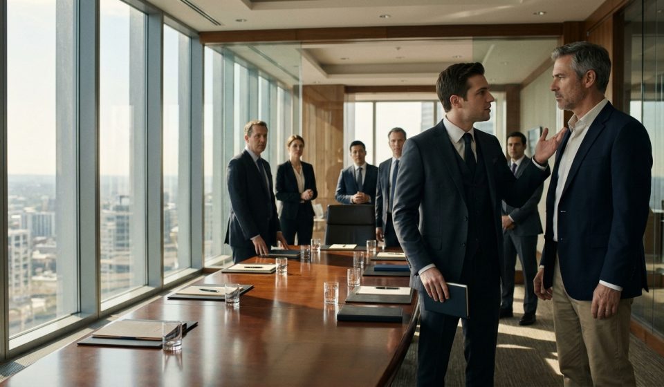 A young corporate executive holding an employee handbook confronts a senior businessman without a tie inside a modern office during a merger signing day.