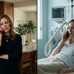 Injured single mother Claire lying in a hospital bed and looking at her phone after her sister refuses to help care for her two children.