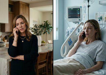 Injured single mother Claire lying in a hospital bed and looking at her phone after her sister refuses to help care for her two children.