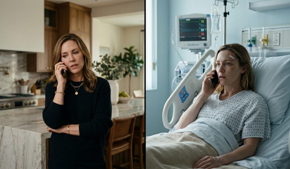 Injured single mother Claire lying in a hospital bed and looking at her phone after her sister refuses to help care for her two children.