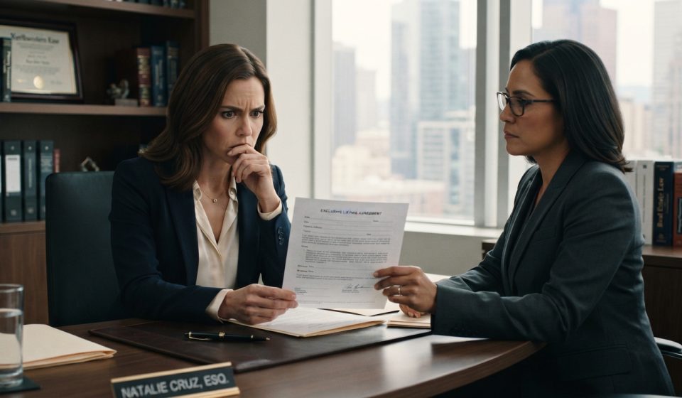 Lucy reviewing a suspicious property document with her attorney after buying a dress for my brother’s wedding.