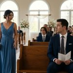 Derek looks surprised while holding a wedding program beside a nervous woman in a blue dress after he went to the wrong wedding.