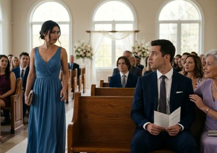 Derek looks surprised while holding a wedding program beside a nervous woman in a blue dress after he went to the wrong wedding.