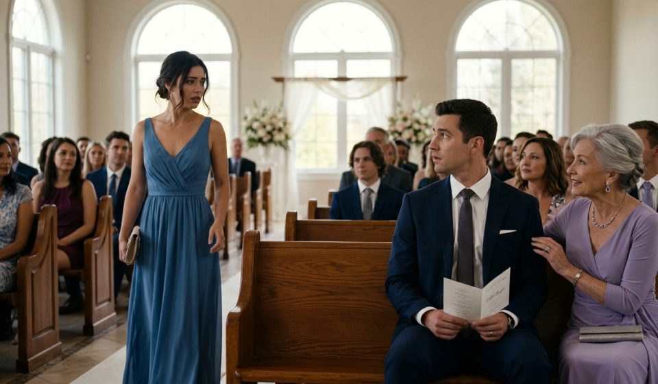 Derek looks surprised while holding a wedding program beside a nervous woman in a blue dress after he went to the wrong wedding.