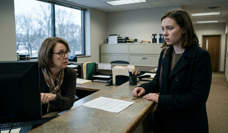 A young college student sits across from her wealthy uncle at a family dining table while relatives ignore her distress over missing tuition money.