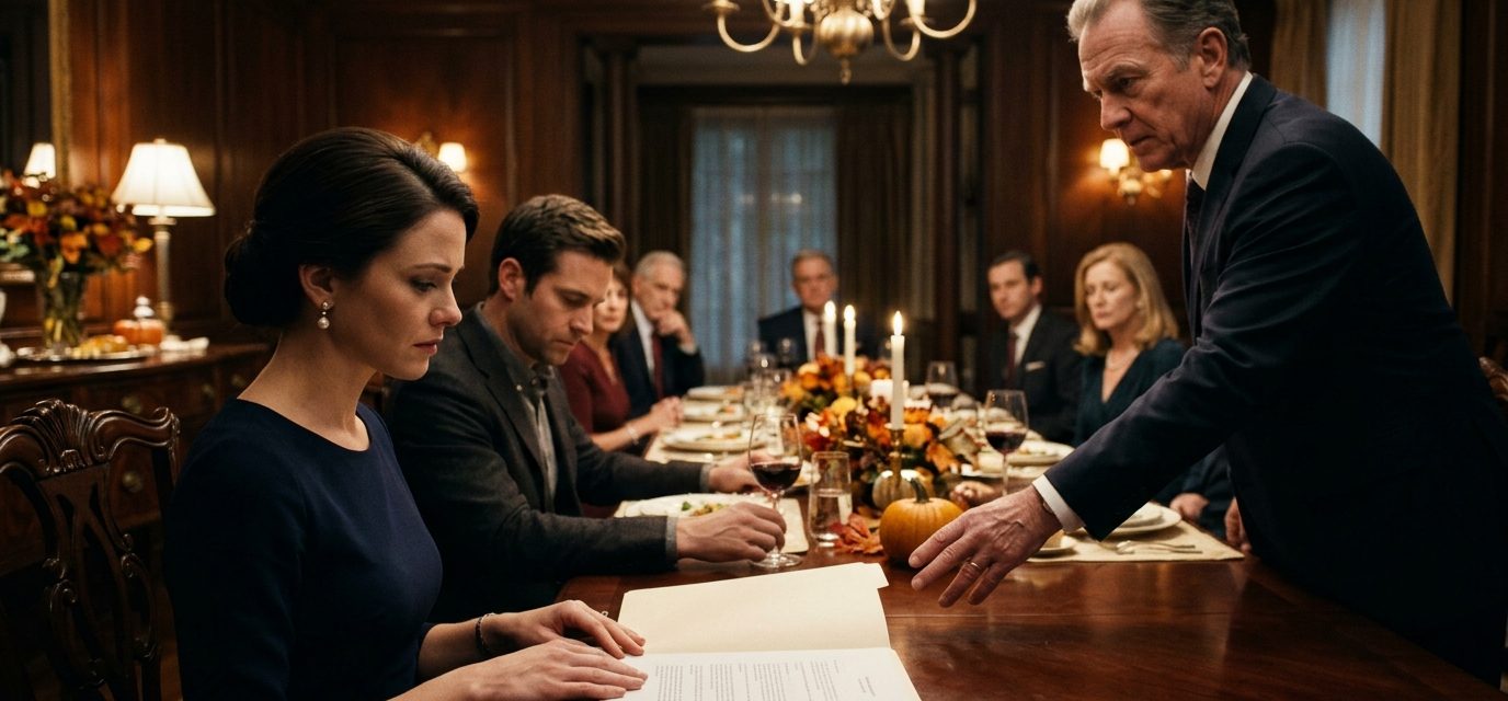 Father-in-law handed me divorce papers during an elegant Thanksgiving dinner as my husband avoided eye contact and family members watched.